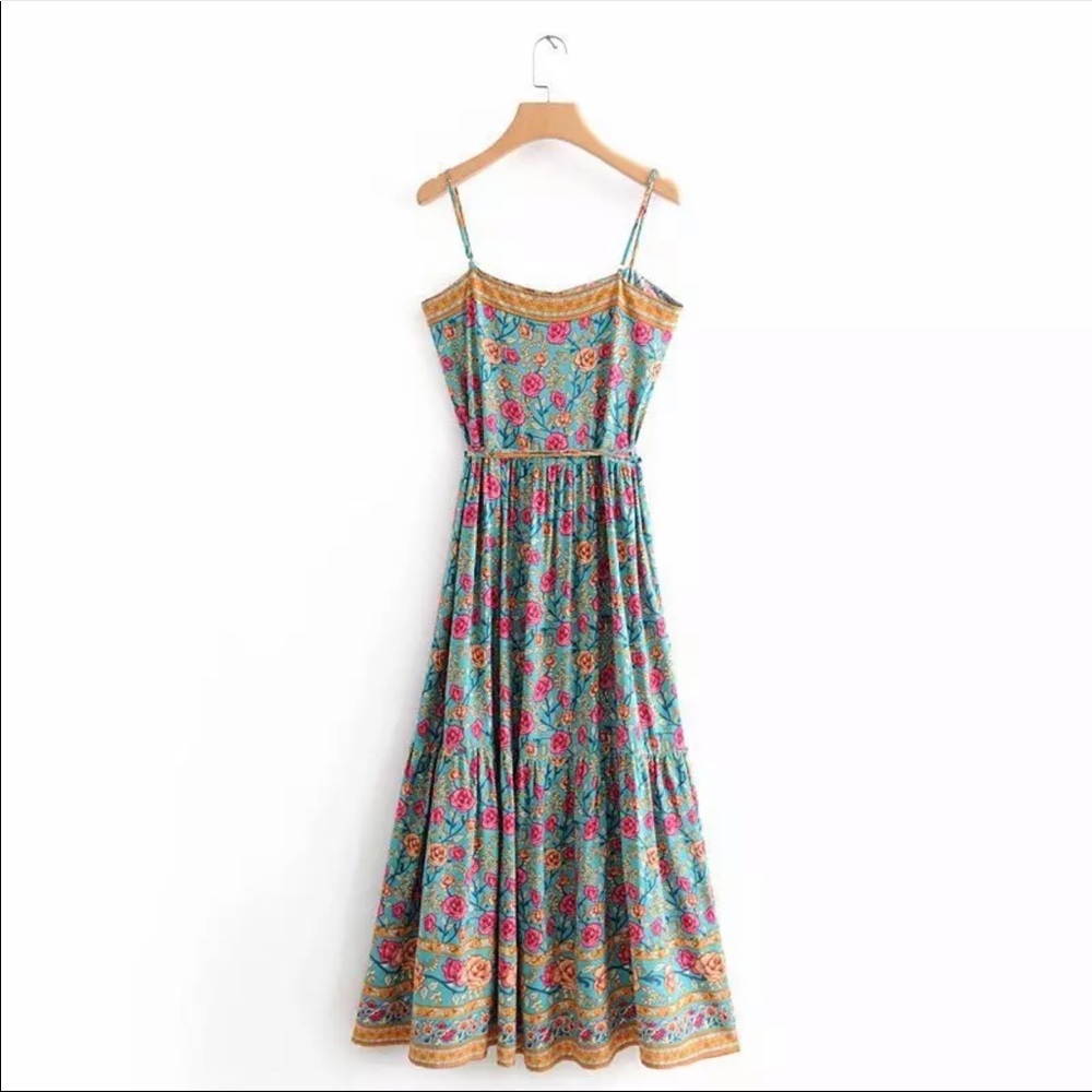 Boho Gypsy Floral Tiered Maxi Dress Blue Yellow - Picture 3 of 15